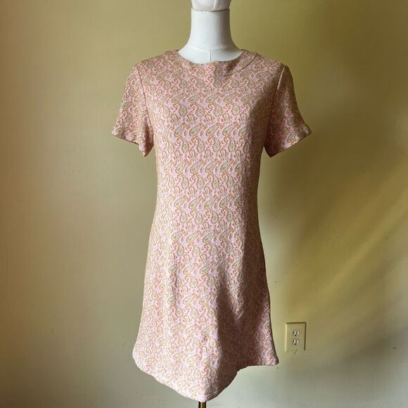 Vintage 60s Pink Sage Green Metallic Paisley Mini Mod Dress XS Small Shift Dress - Picture 1 of 10